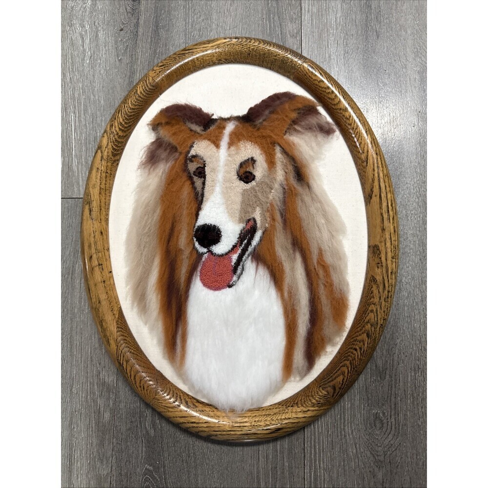 Vtg Hand Made Needle Point 3D Collie /Sheltie In Oval Oak Frame 18” K1